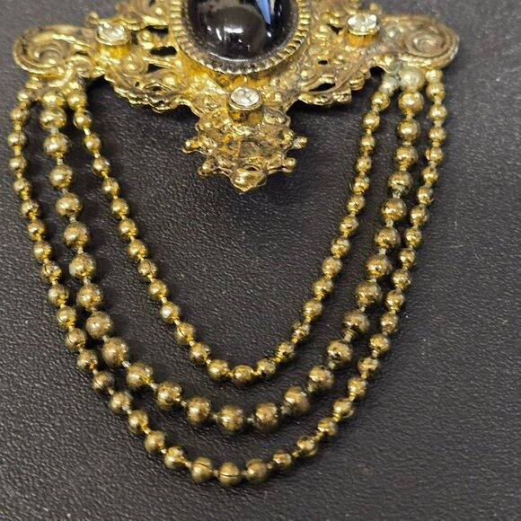 VTG Germany Baroque Revival Gold Tone Brooch Black Cabochon Rhinestones FLAW - Picture 3 of 10